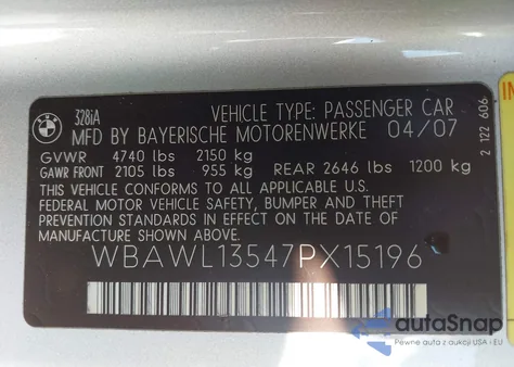 2007 BMW 328I z USA, uszkodzony, nr VIN WBAWL13547PX15196